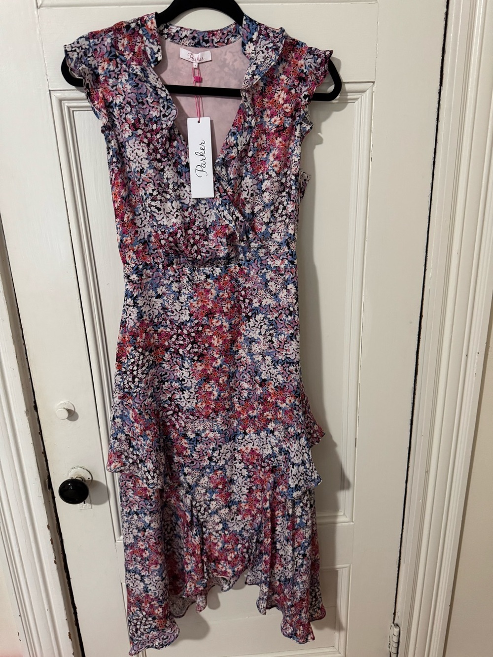Parker Dahlia Floral Hi-Lo Ruffle V-Neck Dress NWT